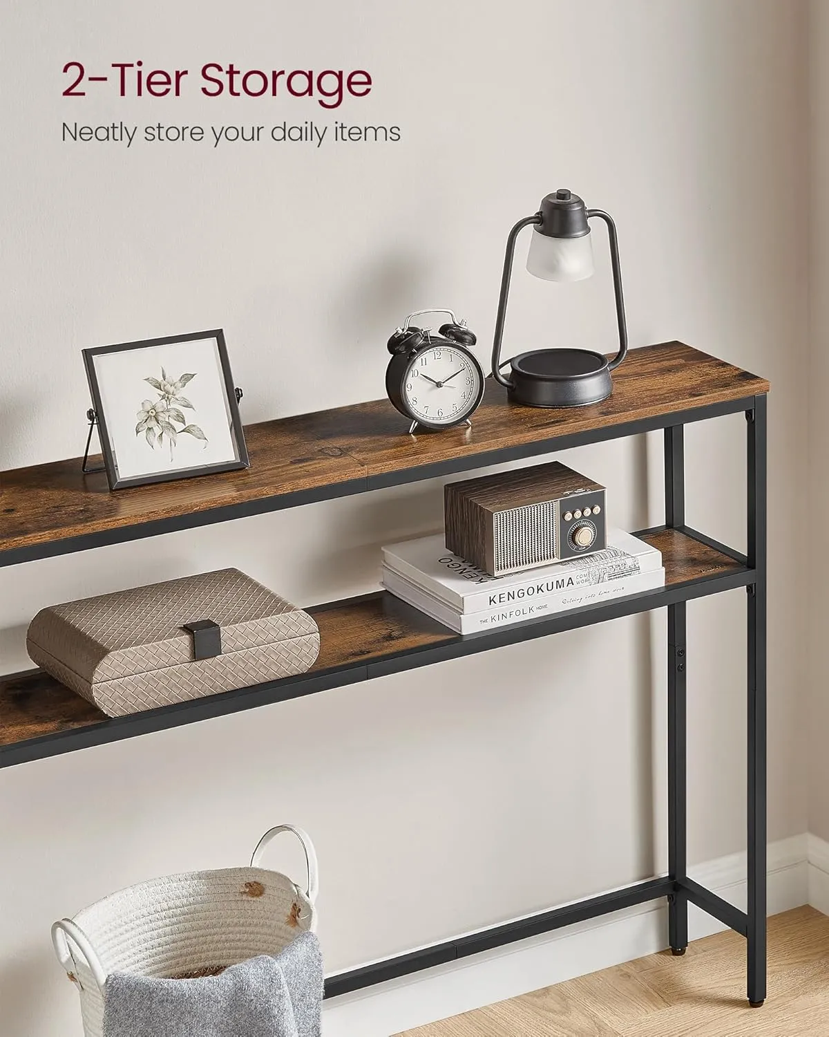 VASAGLE Console Table, 2-Tier Sofa Tables, 7.9 x 31.5 x 31.5 Inches, Narrow Entryway Table, Modern Entry Tables with 2 Shelves, for Living Room, Bedroom, Rustic Brown and Ink Black ULNT130K01