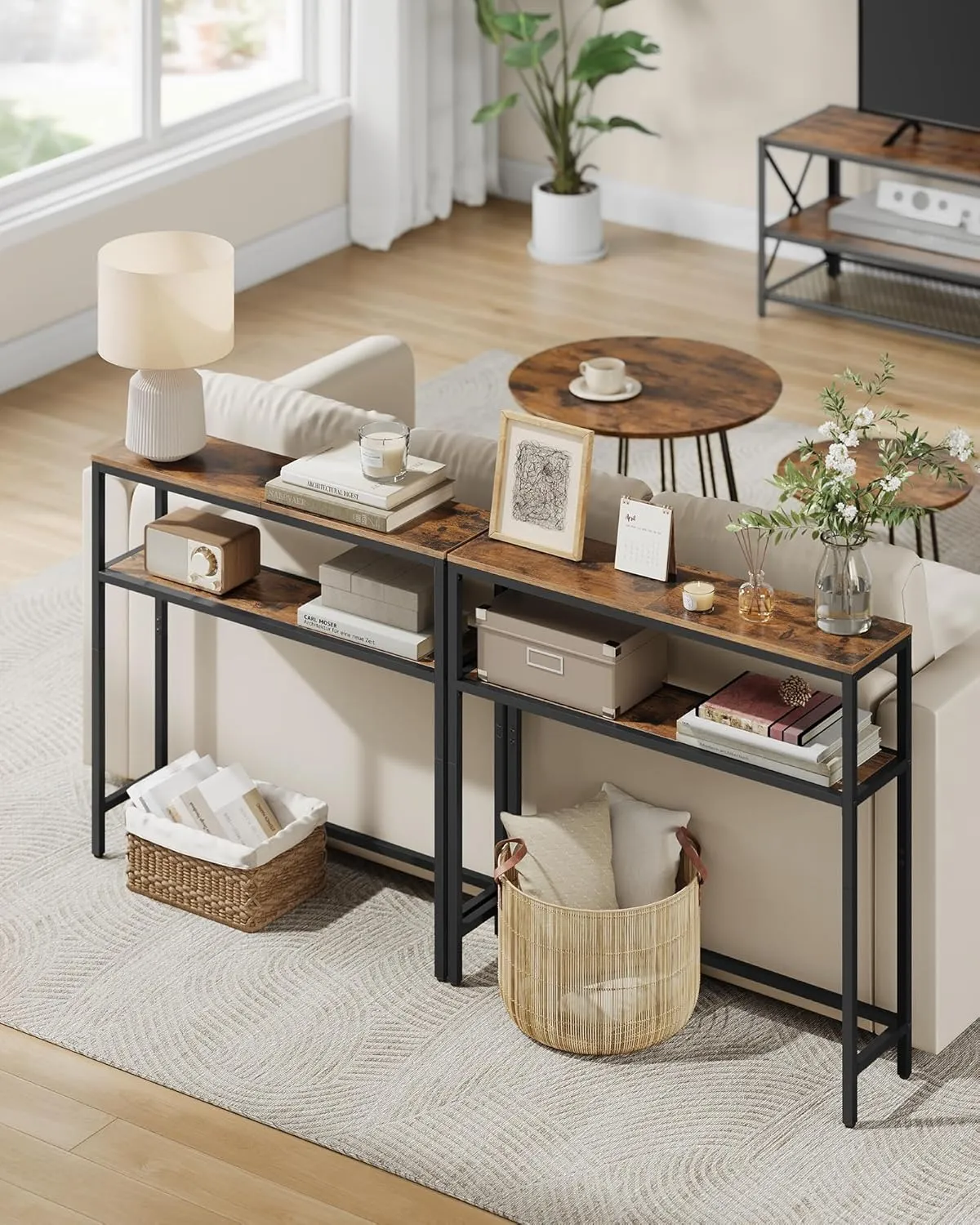 VASAGLE Console Table, 2-Tier Sofa Tables, 7.9 x 31.5 x 31.5 Inches, Narrow Entryway Table, Modern Entry Tables with 2 Shelves, for Living Room, Bedroom, Rustic Brown and Ink Black ULNT130K01