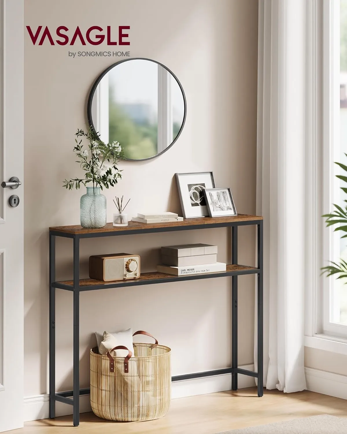 VASAGLE Console Table, 2-Tier Sofa Tables, 7.9 x 31.5 x 31.5 Inches, Narrow Entryway Table, Modern Entry Tables with 2 Shelves, for Living Room, Bedroom, Rustic Brown and Ink Black ULNT130K01