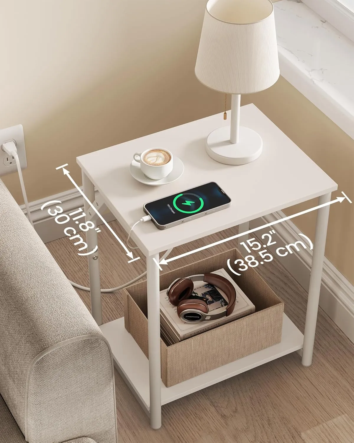 VASAGLE End Table with Charging Station, Set of 2, Small Side Tables for Living Room, Bedroom, Nightstand with Outlets and USB Ports, Bedside Table with Storage Shelf, Cream White