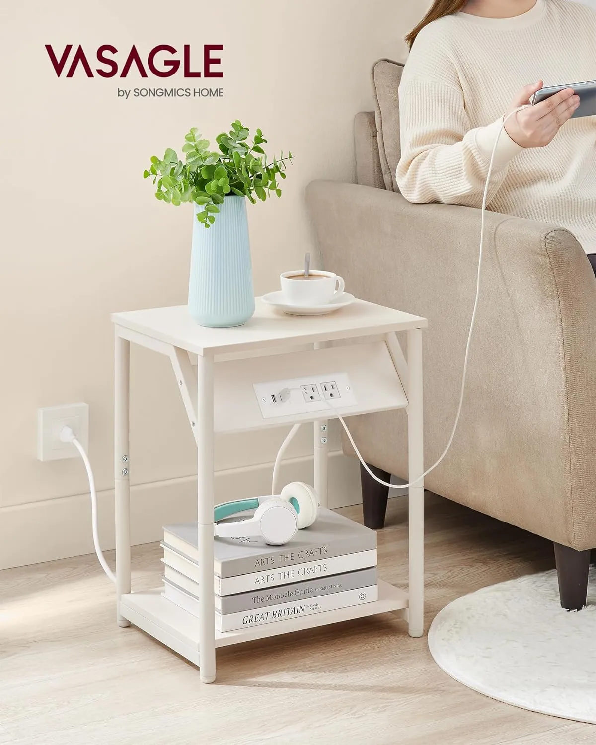 VASAGLE End Table with Charging Station, Set of 2, Small Side Tables for Living Room, Bedroom, Nightstand with Outlets and USB Ports, Bedside Table with Storage Shelf, Cream White