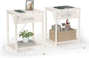 VASAGLE End Table with Charging Station, Set of 2, Small Side Tables for Living Room, Bedroom, Nightstand with Outlets and USB Ports, Bedside Table with Storage Shelf, Cream White