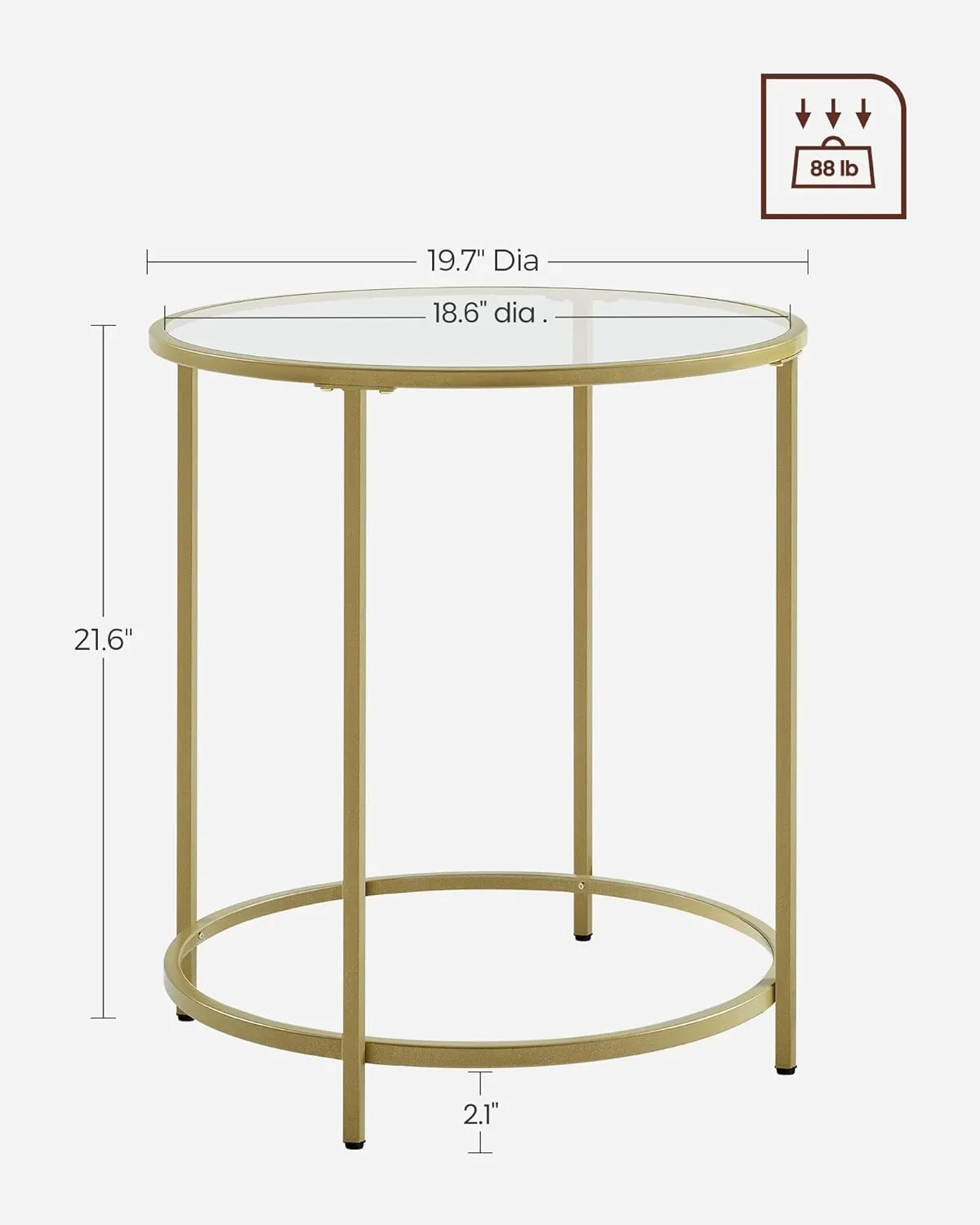 VASAGLE Round Side Table, Glass End Table with Metal Frame, Gold Coffee Table with Modern Style, for Living Room, Balcony, Bedroom, Gold Color