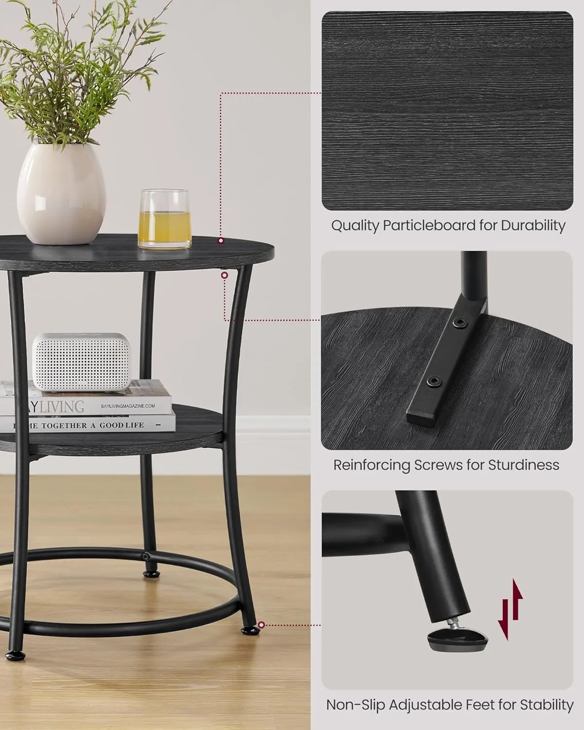 VASAGLE Side Table, Round End Table with 2 Storage Shelves for Living Room, Bedroom, Nightstand with Steel Frame for Small Spaces, Accent Coffee Table, Charcoal Gray and Ink Black