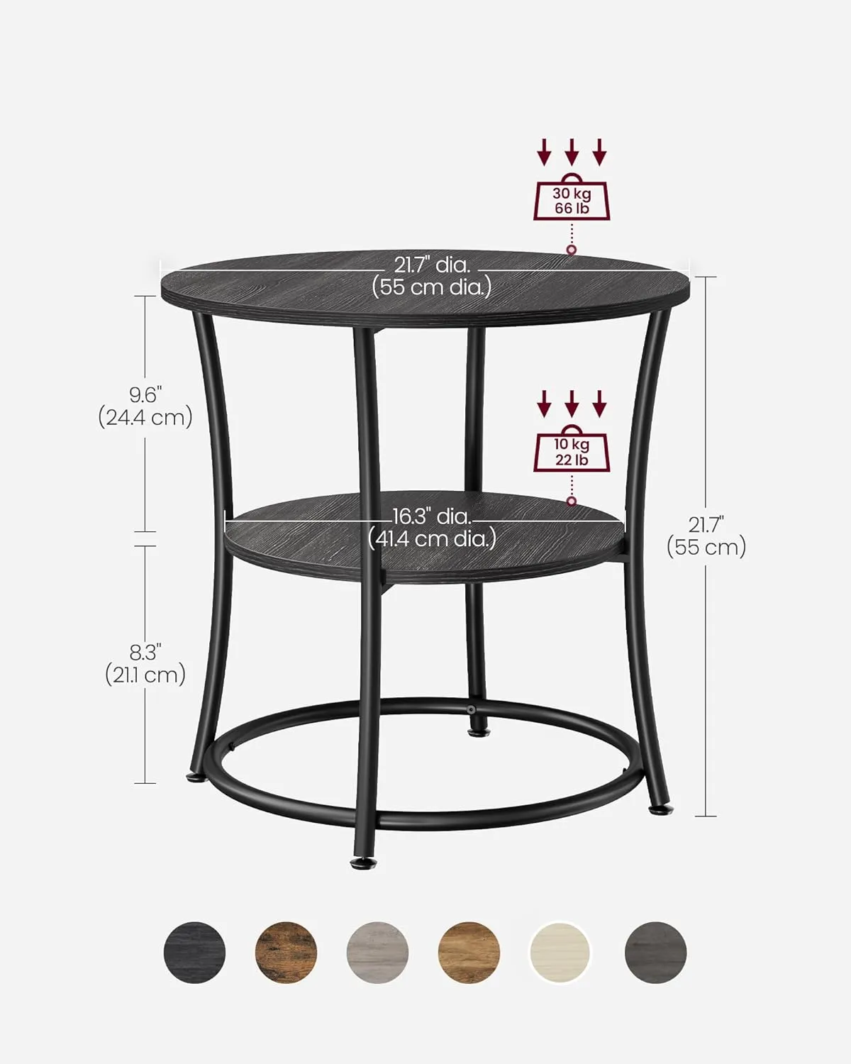 VASAGLE Side Table, Round End Table with 2 Storage Shelves for Living Room, Bedroom, Nightstand with Steel Frame for Small Spaces, Accent Coffee Table, Charcoal Gray and Ink Black