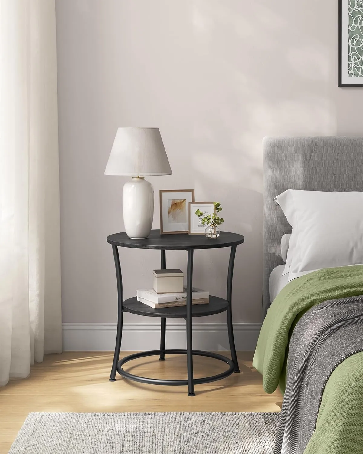 VASAGLE Side Table, Round End Table with 2 Storage Shelves for Living Room, Bedroom, Nightstand with Steel Frame for Small Spaces, Accent Coffee Table, Charcoal Gray and Ink Black