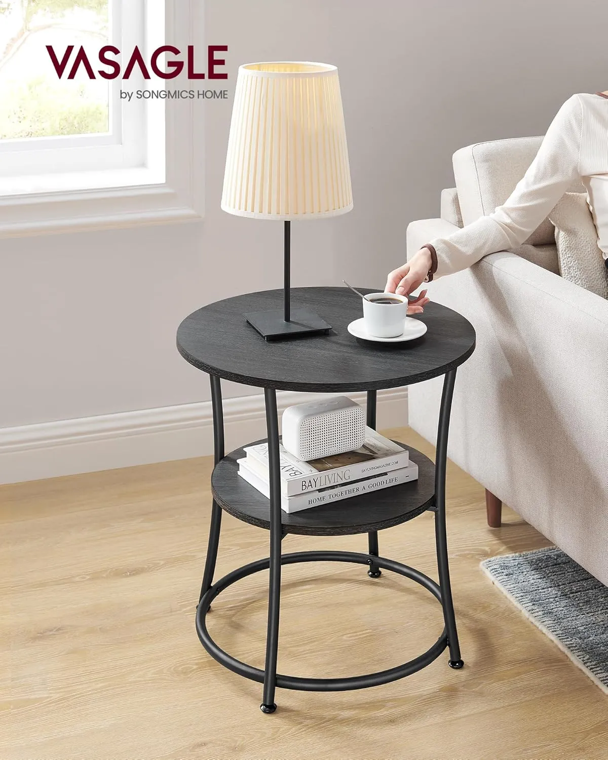 VASAGLE Side Table, Round End Table with 2 Storage Shelves for Living Room, Bedroom, Nightstand with Steel Frame for Small Spaces, Accent Coffee Table, Charcoal Gray and Ink Black
