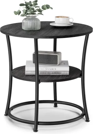 VASAGLE Side Table, Round End Table with 2 Storage Shelves for Living Room, Bedroom, Nightstand with Steel Frame for Small Spaces, Accent Coffee Table, Charcoal Gray and Ink Black