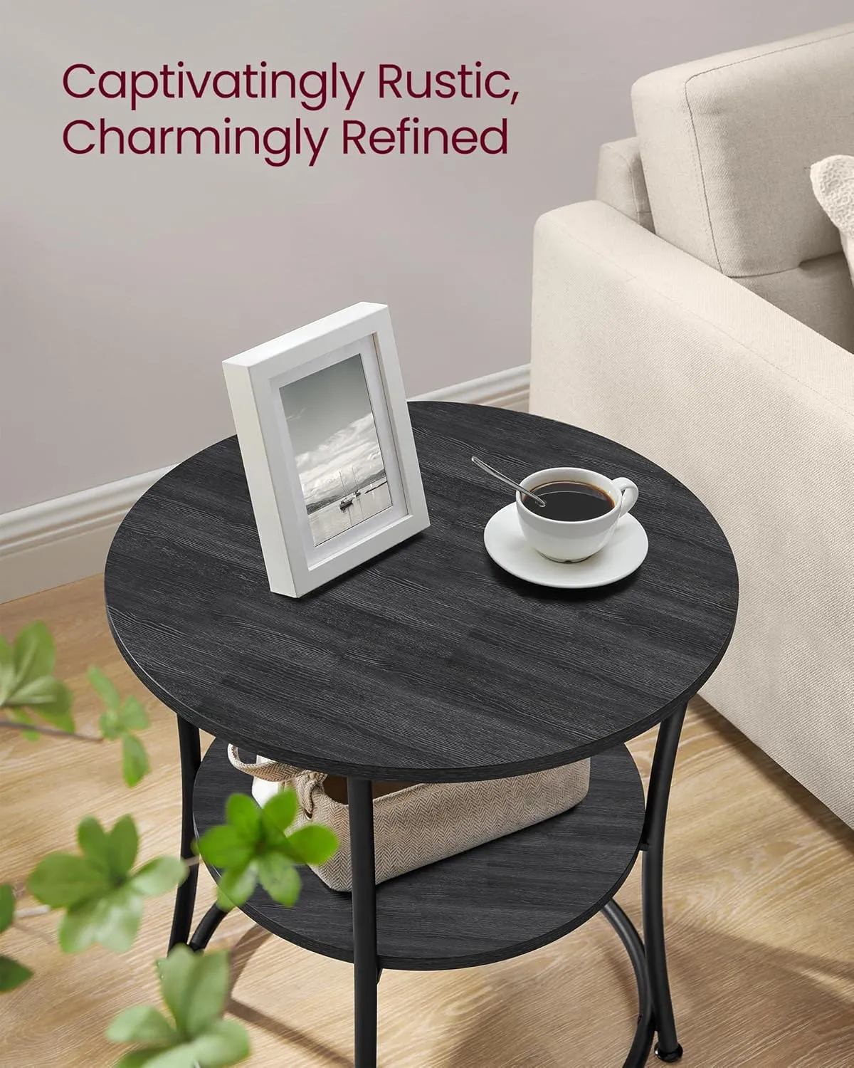 VASAGLE Side Table, Round End Table with 2 Storage Shelves for Living Room, Bedroom, Nightstand with Steel Frame for Small Spaces, Accent Coffee Table, Charcoal Gray and Ink Black