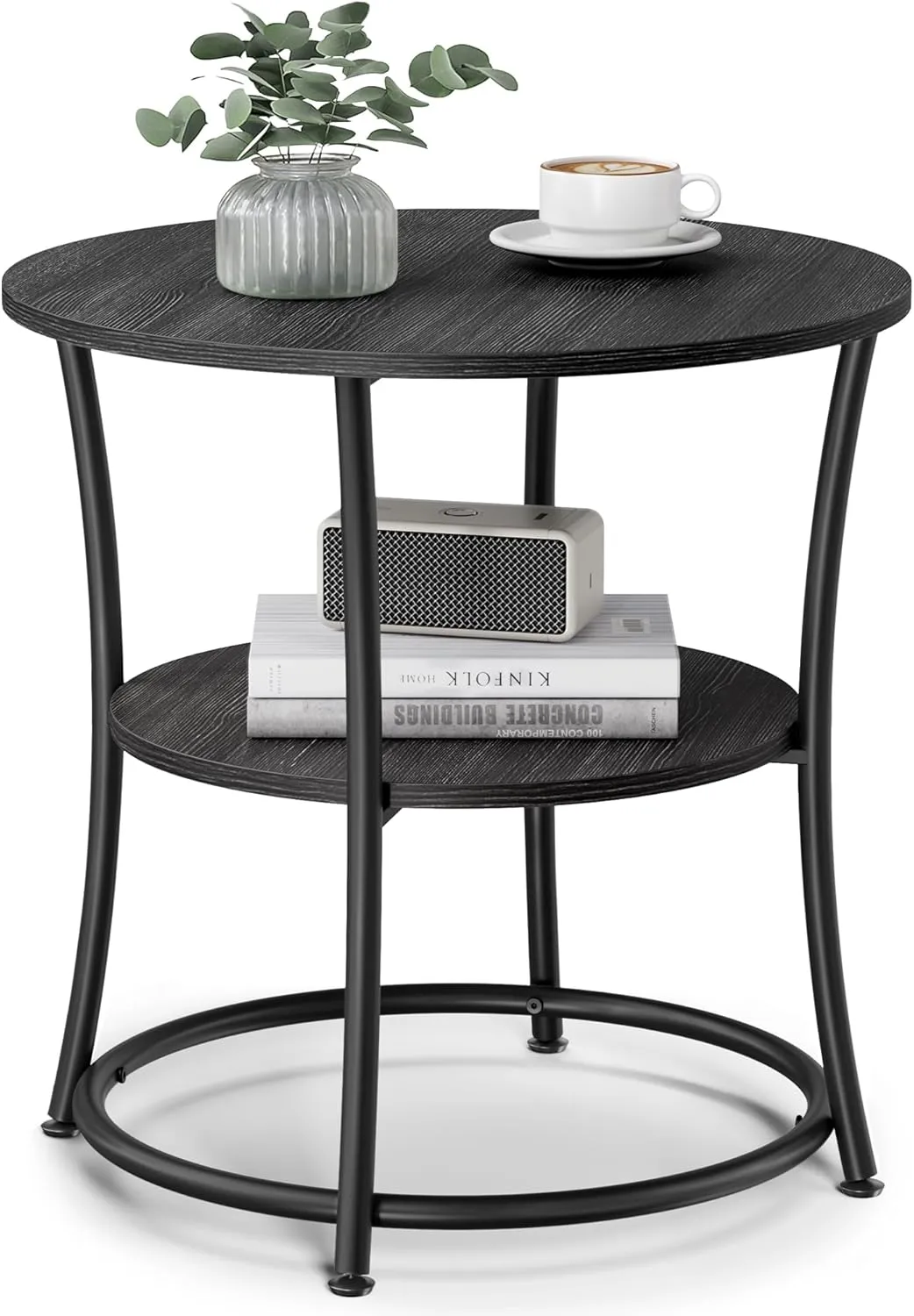 VASAGLE Side Table, Round End Table with 2 Storage Shelves for Living Room, Bedroom, Nightstand with Steel Frame for Small Spaces, Accent Coffee Table, Charcoal Gray and Ink Black