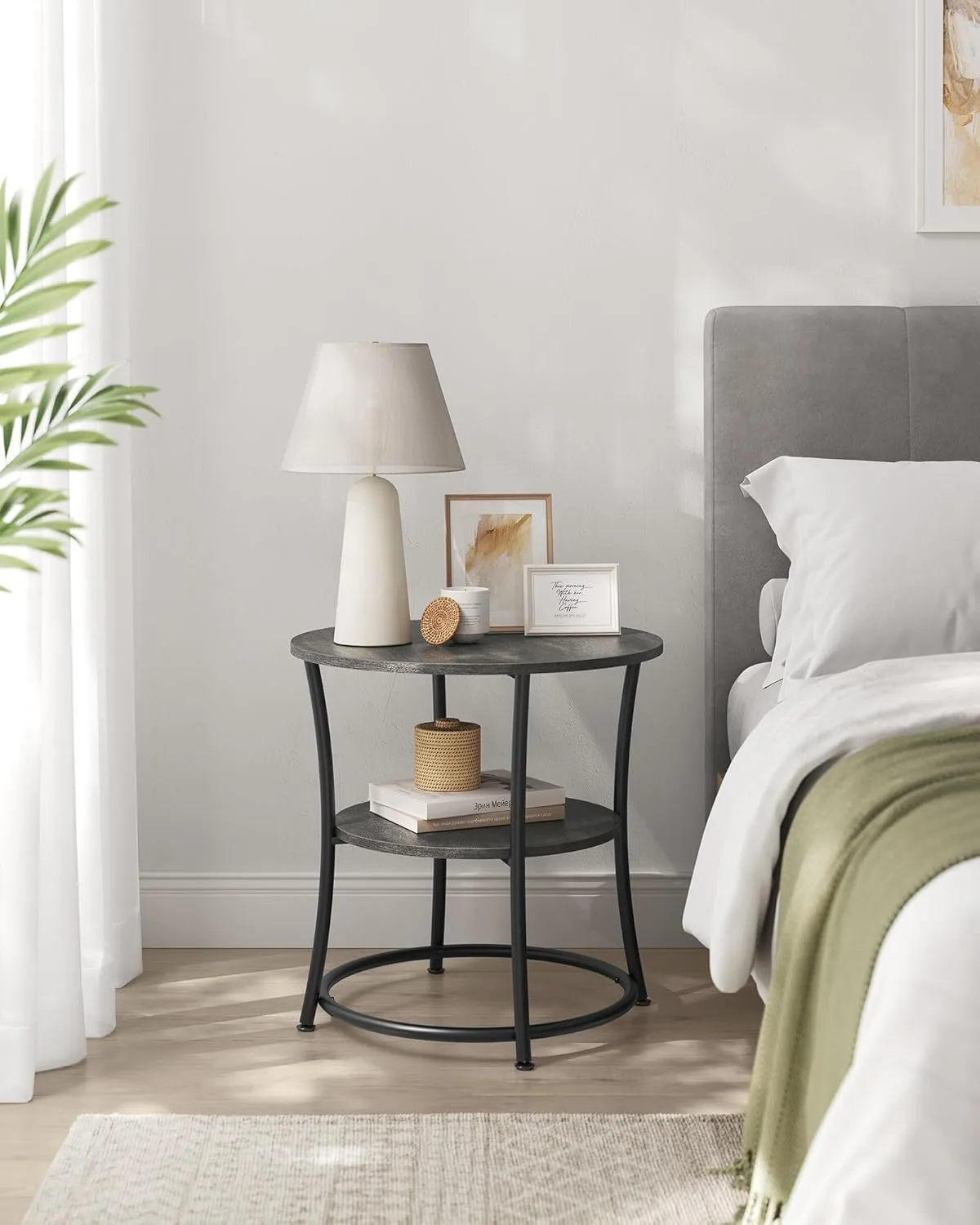 VASAGLE Side Table, Round End Table with 2 Storage Shelves for Living Room, Bedroom, Nightstand with Steel Frame for Small Spaces, Accent Coffee Table, Misty Gray and Ink Black