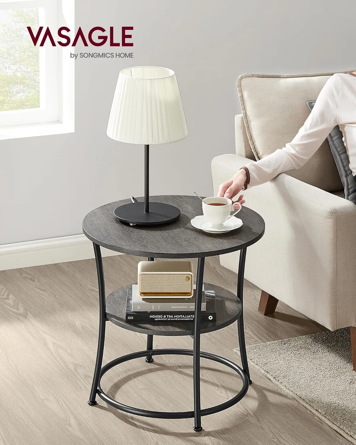 VASAGLE Side Table, Round End Table with 2 Storage Shelves for Living Room, Bedroom, Nightstand with Steel Frame for Small Spaces, Accent Coffee Table, Misty Gray and Ink Black