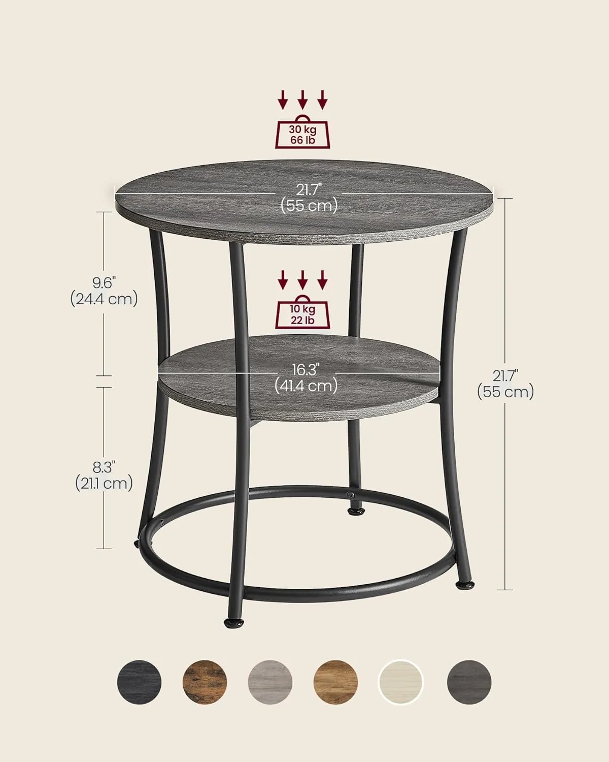 VASAGLE Side Table, Round End Table with 2 Storage Shelves for Living Room, Bedroom, Nightstand with Steel Frame for Small Spaces, Accent Coffee Table, Misty Gray and Ink Black