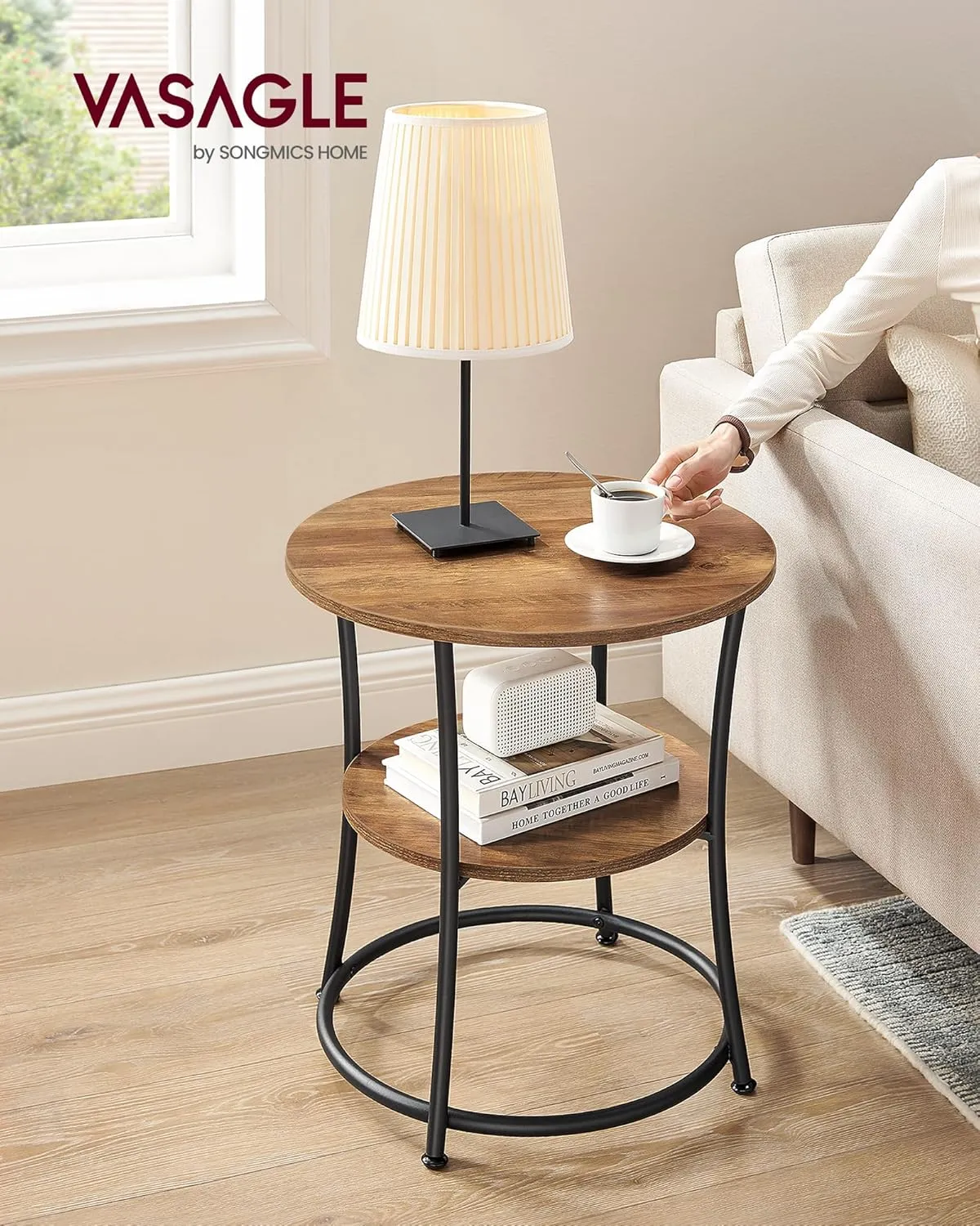 VASAGLE Side Table, Round End Table with 2 Storage Shelves for Living Room, Bedroom, Nightstand with Steel Frame for Small Spaces, Accent Coffee Table, Rustic Walnut and Ink Black