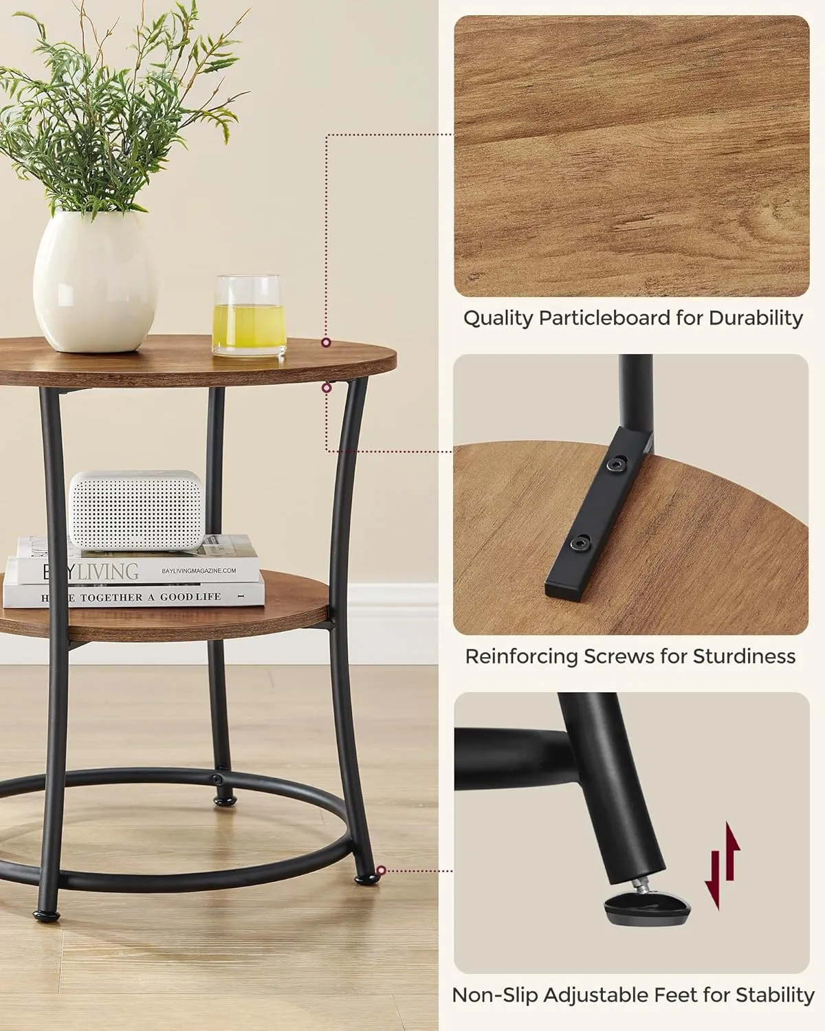 VASAGLE Side Table, Round End Table with 2 Storage Shelves for Living Room, Bedroom, Nightstand with Steel Frame for Small Spaces, Accent Coffee Table, Rustic Walnut and Ink Black