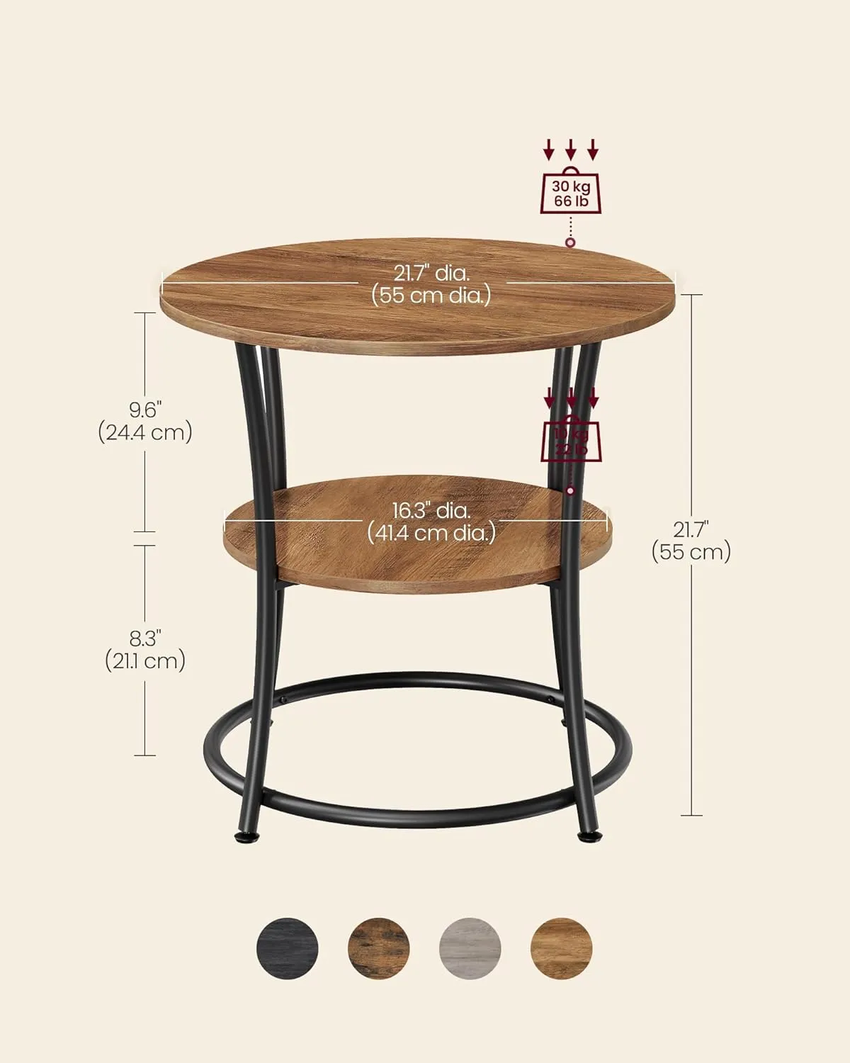 VASAGLE Side Table, Round End Table with 2 Storage Shelves for Living Room, Bedroom, Nightstand with Steel Frame for Small Spaces, Accent Coffee Table, Rustic Walnut and Ink Black