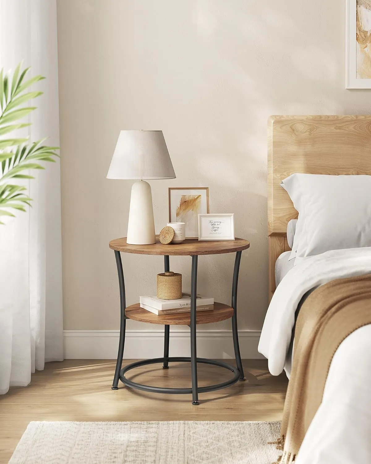 VASAGLE Side Table, Round End Table with 2 Storage Shelves for Living Room, Bedroom, Nightstand with Steel Frame for Small Spaces, Accent Coffee Table, Rustic Walnut and Ink Black