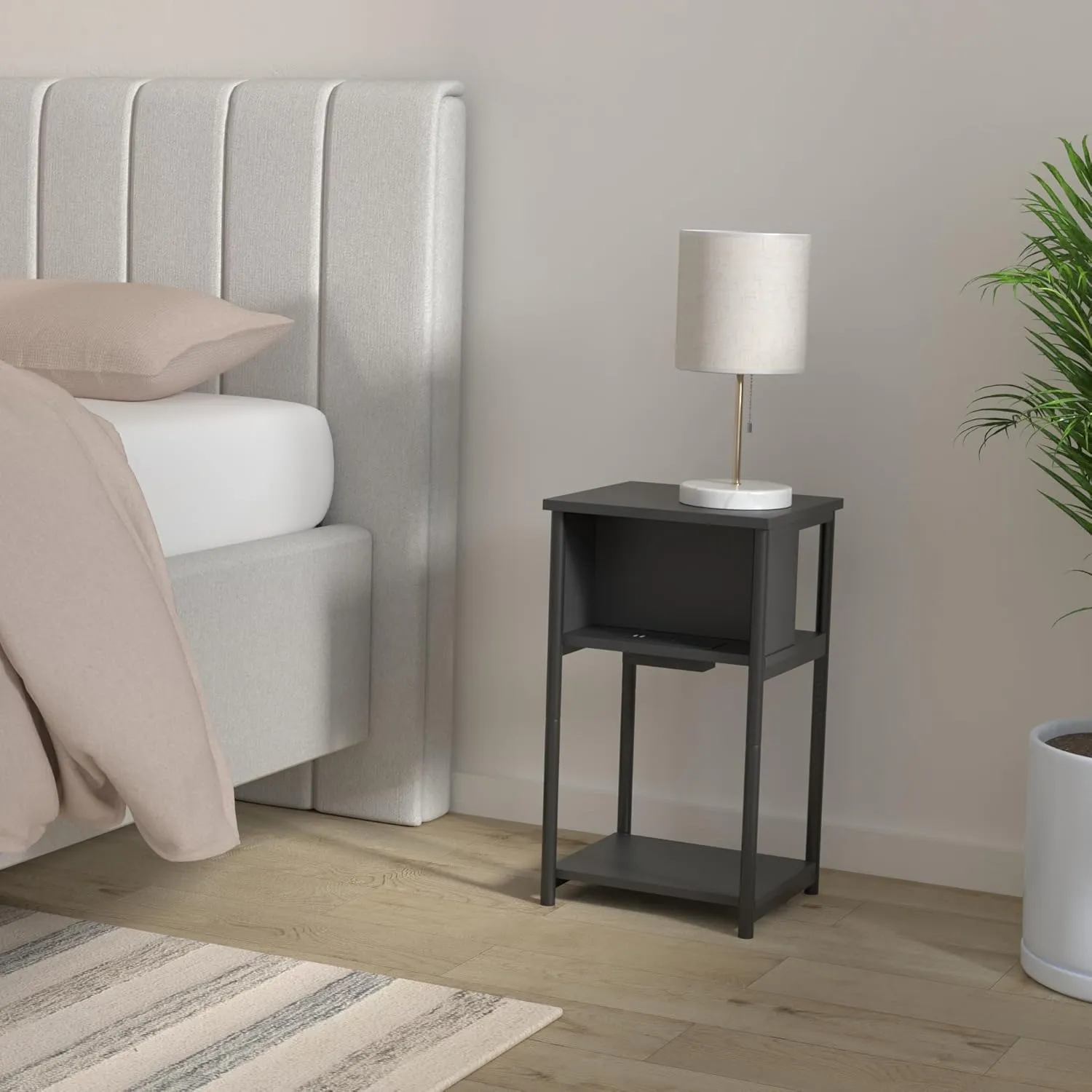 VASAGLE Side Table with Charging Station, 3-Tier End Table with USB Ports and Outlets, Nightstand for Living Room, Bedroom, 11.8 x 13.4 x 22.8 Inches, Plug-in Series, Black