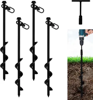 VASGOR 16” Ground Anchors (4pcs) Easy to Use with Drill, Heavy Duty Anchor Hook for Camping Tent, Canopies, Car Ports, Sheds, Swing Sets, Securing Animals – Black Powder Coated