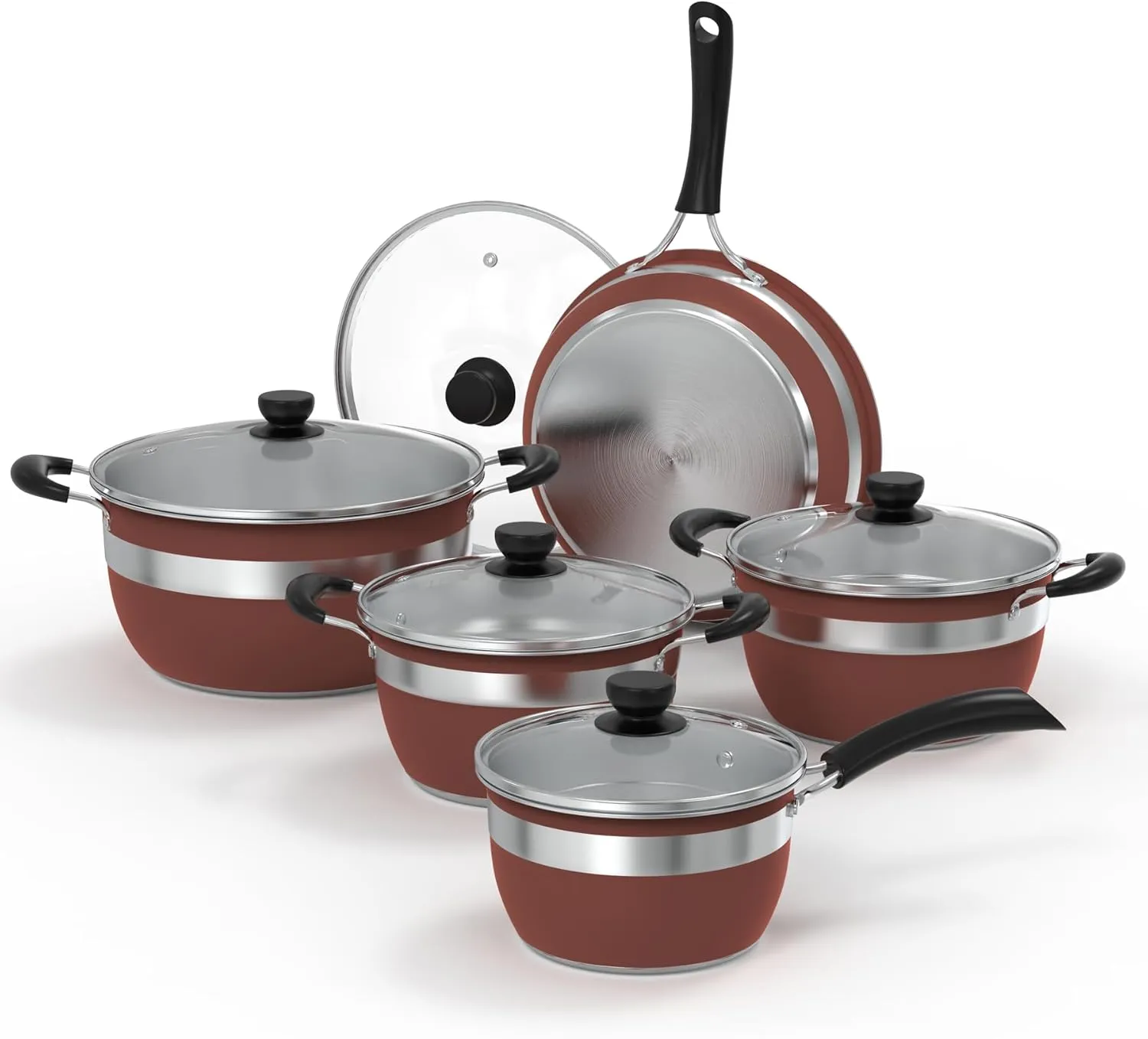 VBGK Pots and Pans Set 10-Piece Stainless Steel Cookware Set, Non-Toxic Kitchen Set, Kitchen Cooking Set with Tempered Glass Lid and Warming Handle, Suitable for All Cooktops, Stackable