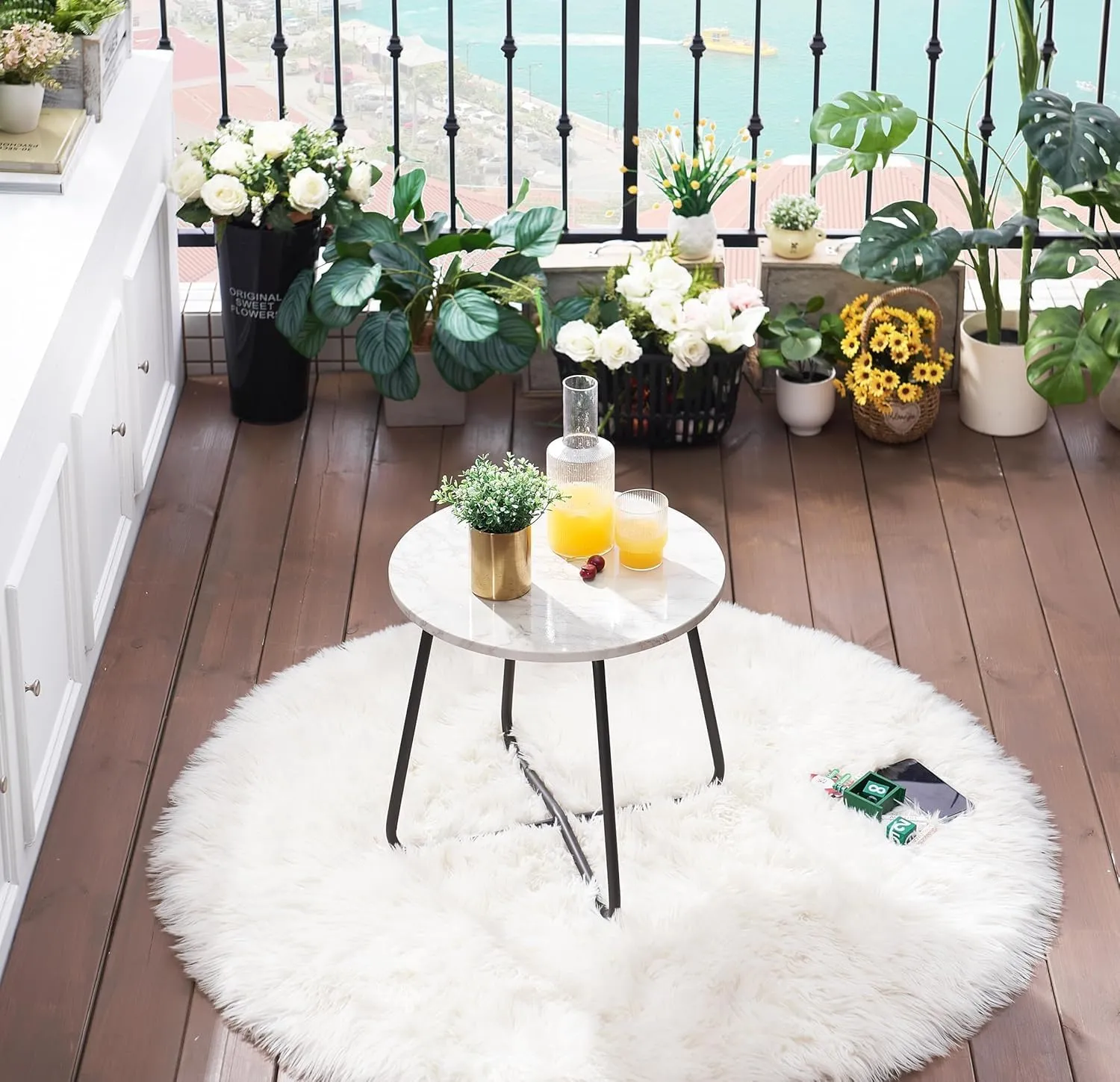 VECELO Outdoor Side Table,17.7 inch Small Round Patio Table,Waterproof Wood Table with Weather Resistant Steel Adjustable for Living Room Bedroom Garden Yard Balcony Porch Poolside