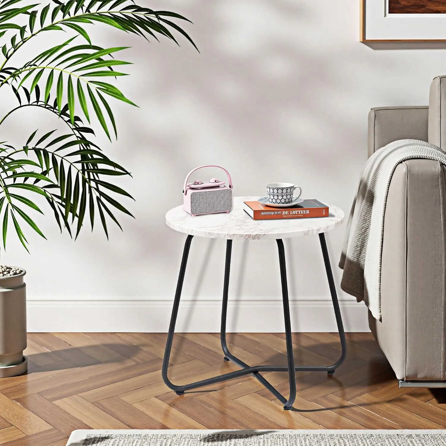 VECELO Outdoor Side Table,17.7 inch Small Round Patio Table,Waterproof Wood Table with Weather Resistant Steel Adjustable for Living Room Bedroom Garden Yard Balcony Porch Poolside