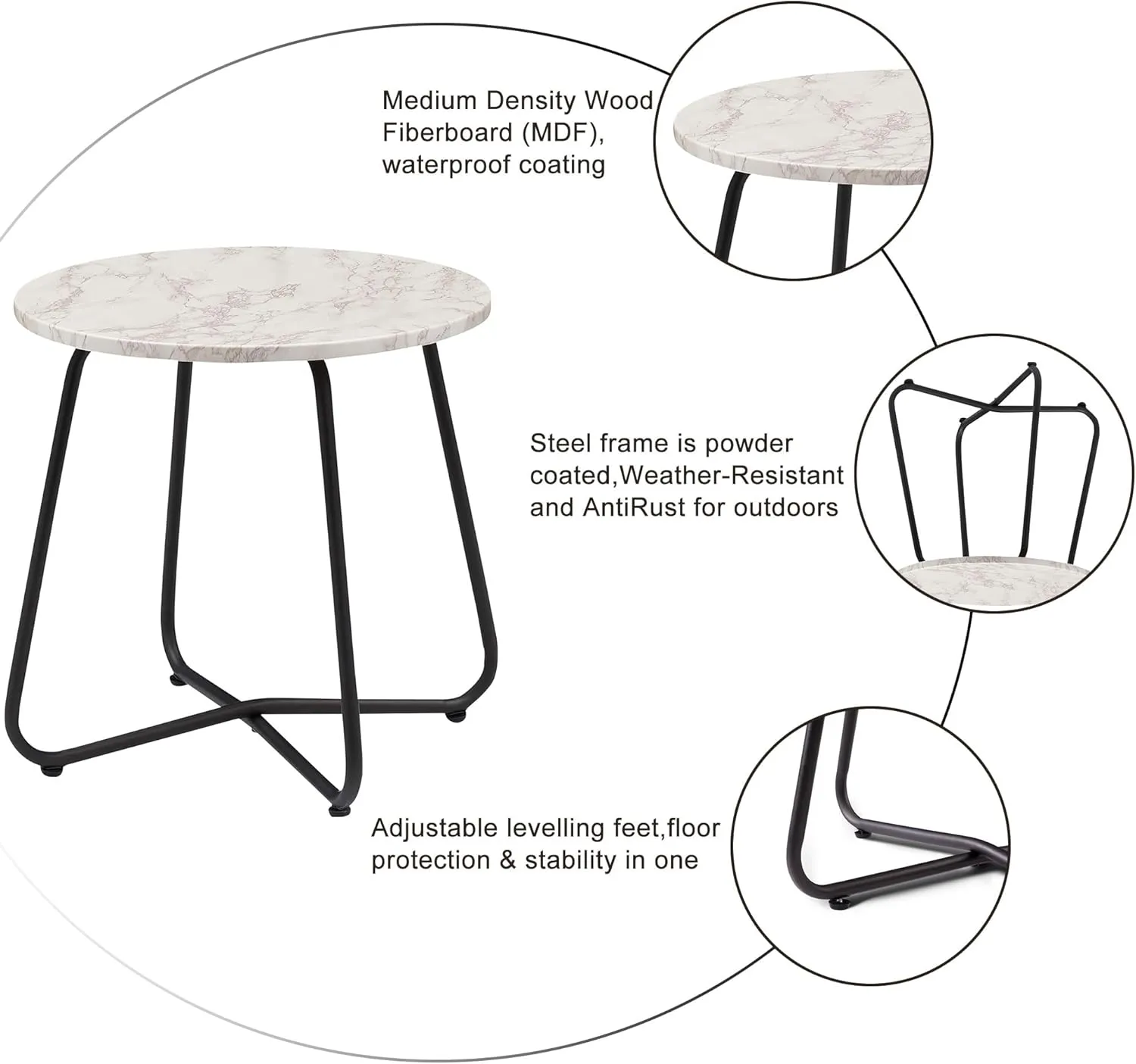 VECELO Outdoor Side Table,17.7 inch Small Round Patio Table,Waterproof Wood Table with Weather Resistant Steel Adjustable for Living Room Bedroom Garden Yard Balcony Porch Poolside