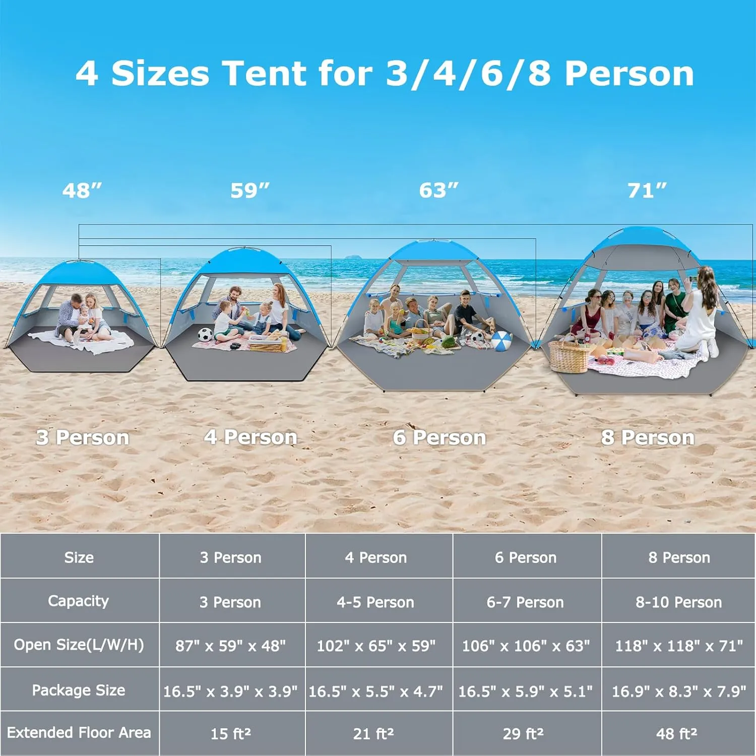 Venustas Beach Tent Sun Shelter for 3/4-5/6-7/8-10 Person, UPF 50  UV Protection Beach Canopy, Lightweight and Easy Setup Cabana, Portable Beach Shade Tent