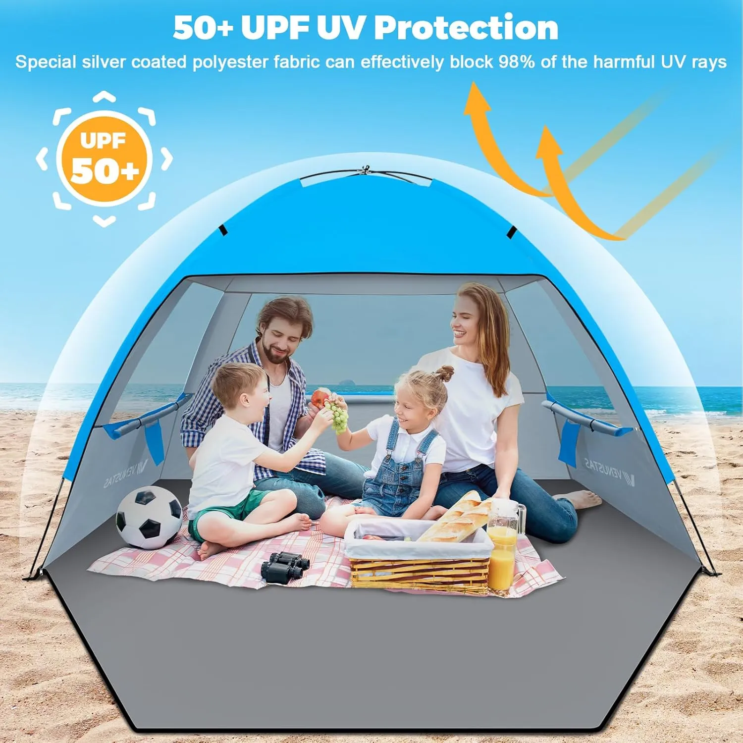 Venustas Beach Tent Sun Shelter for 3/4-5/6-7/8-10 Person, UPF 50  UV Protection Beach Canopy, Lightweight and Easy Setup Cabana, Portable Beach Shade Tent