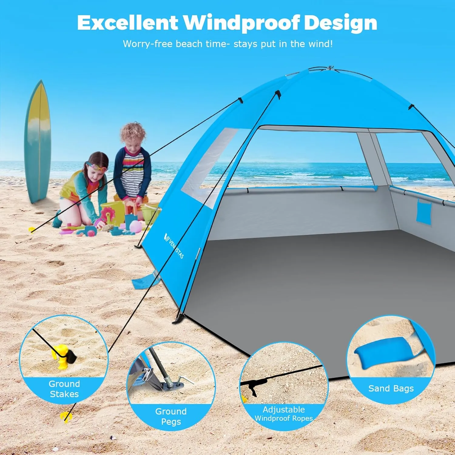 Venustas Beach Tent Sun Shelter for 3/4-5/6-7/8-10 Person, UPF 50  UV Protection Beach Canopy, Lightweight and Easy Setup Cabana, Portable Beach Shade Tent