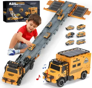Versatile Transforming Truck with Race Tracks for Kids Ages 3-7 - Foldable Car Toy with Dual Launchers, 6 Cars, and Sounds, Ideal Gift for Boys and Girls Yellow