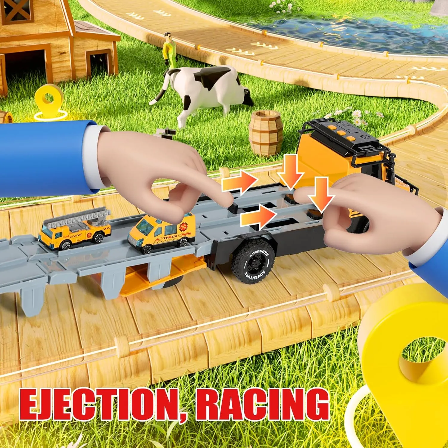Versatile Transforming Truck with Race Tracks for Kids Ages 3-7 - Foldable Car Toy with Dual Launchers, 6 Cars, and Sounds, Ideal Gift for Boys and Girls Yellow