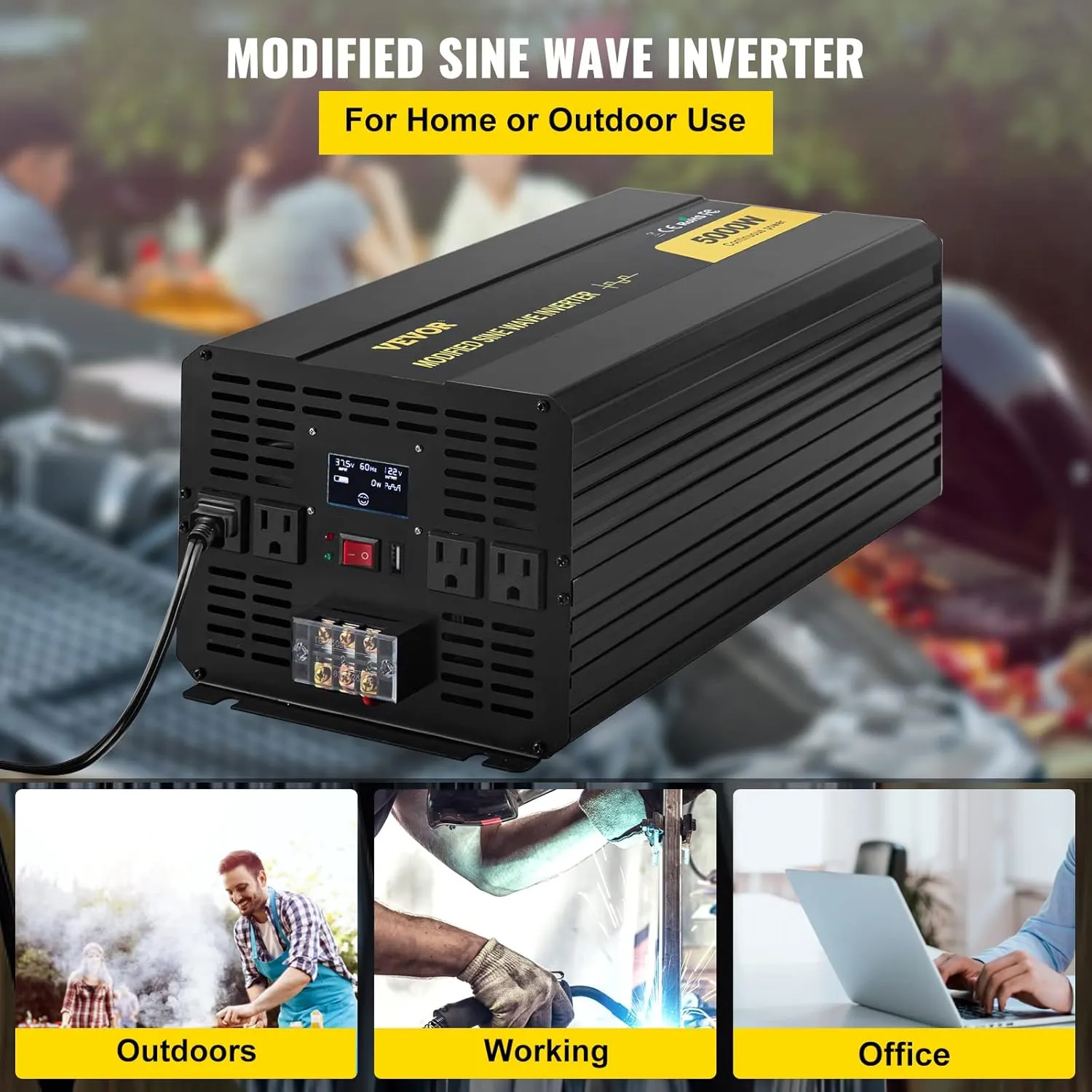 VEVOR 5000W Modified Sine Wave Power Inverter, DC 12V to AC 120V Car Converter with LCD Remote Control, USB Port, AC Outlets Inverter for Truck RV