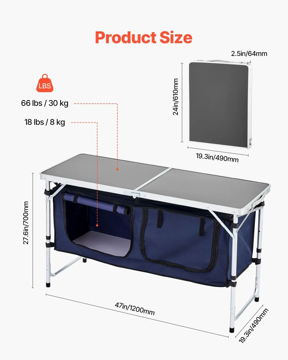 VEVOR Camping Kitchen Table, Folding Outdoor Cooking Table, 3 Adjustable Height, Aluminum Lightweight Portable Cook Station with Storage Organizer, Carry Handle, for BBQ Party Picnic RV Travel, Blue