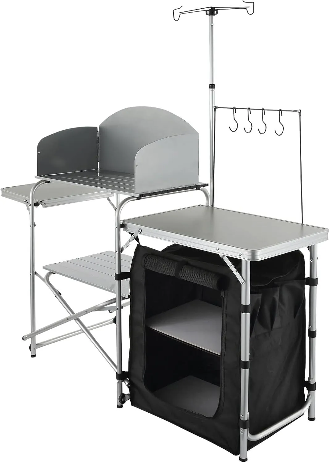 VEVOR Camping Kitchen Table, Folding Outdoor Cooking Table with Storage Carrying Bag, Aluminum Cook Station 1 Cupboard & Detachable Windscreen, Quick Set-up for Picnics, BBQ, RV Traveling, Black