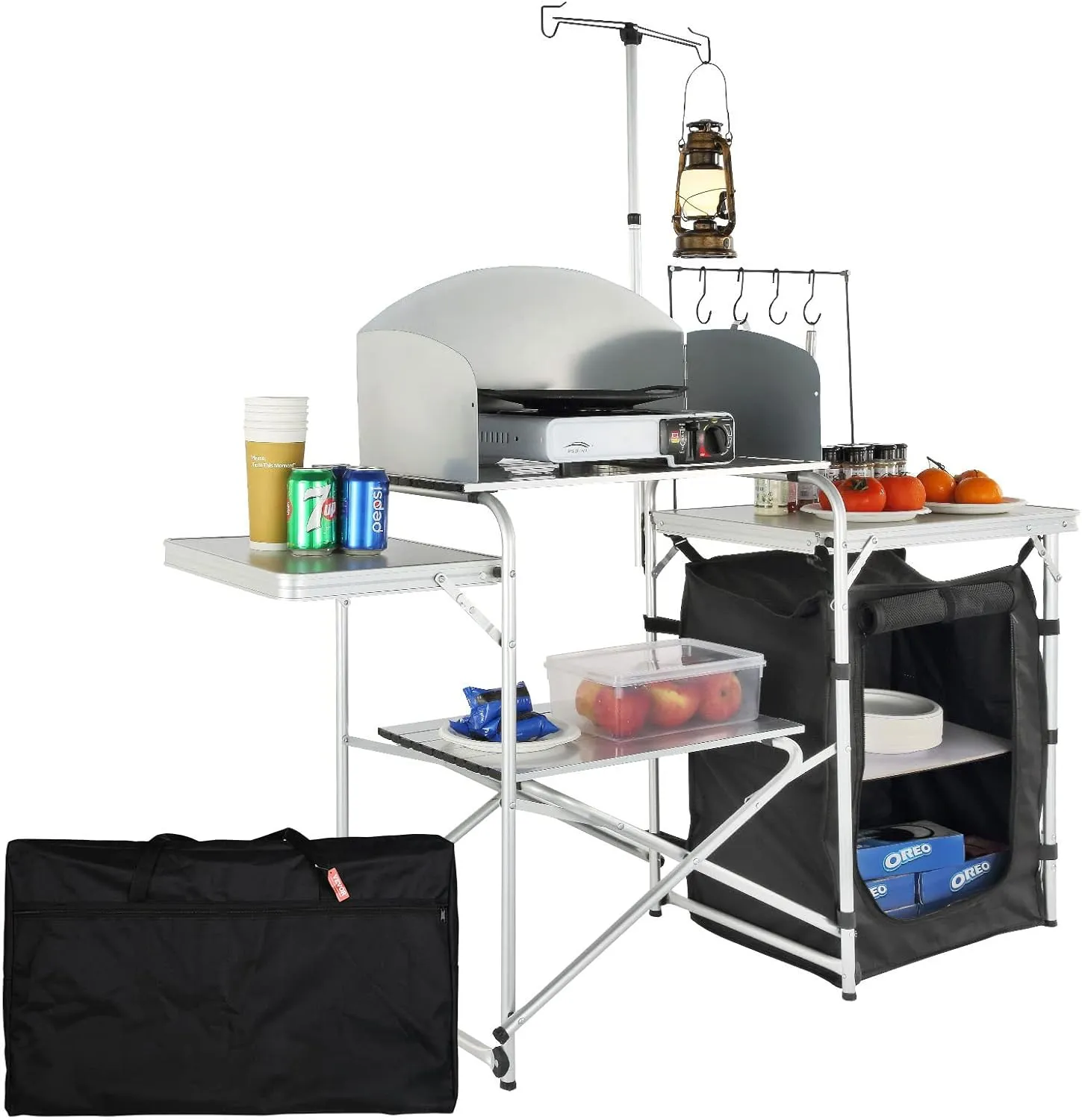 VEVOR Camping Kitchen Table, Folding Outdoor Cooking Table with Storage Carrying Bag, Aluminum Cook Station 1 Cupboard & Detachable Windscreen, Quick Set-up for Picnics, BBQ, RV Traveling, Black