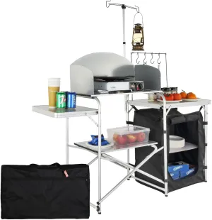 VEVOR Camping Kitchen Table, Folding Outdoor Cooking Table with Storage Carrying Bag, Aluminum Cook Station 1 Cupboard & Detachable Windscreen, Quick Set-up for Picnics, BBQ, RV Traveling, Black
