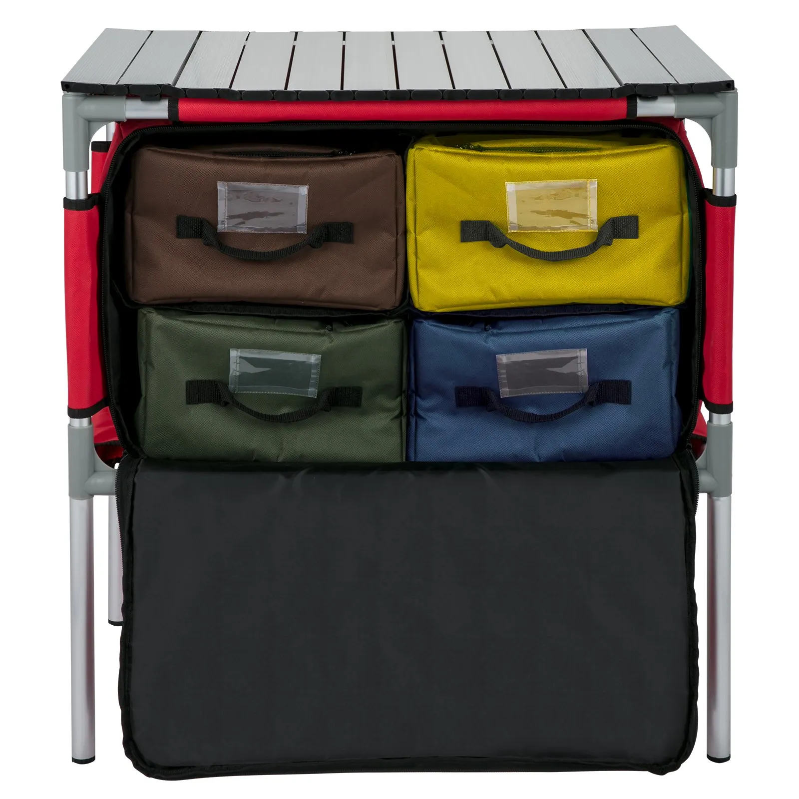 VEVOR Camping Kitchen Table - Portable Aluminum Folding Station with 4 Storage, 4 Detachable Legs and Carry Bag - Red