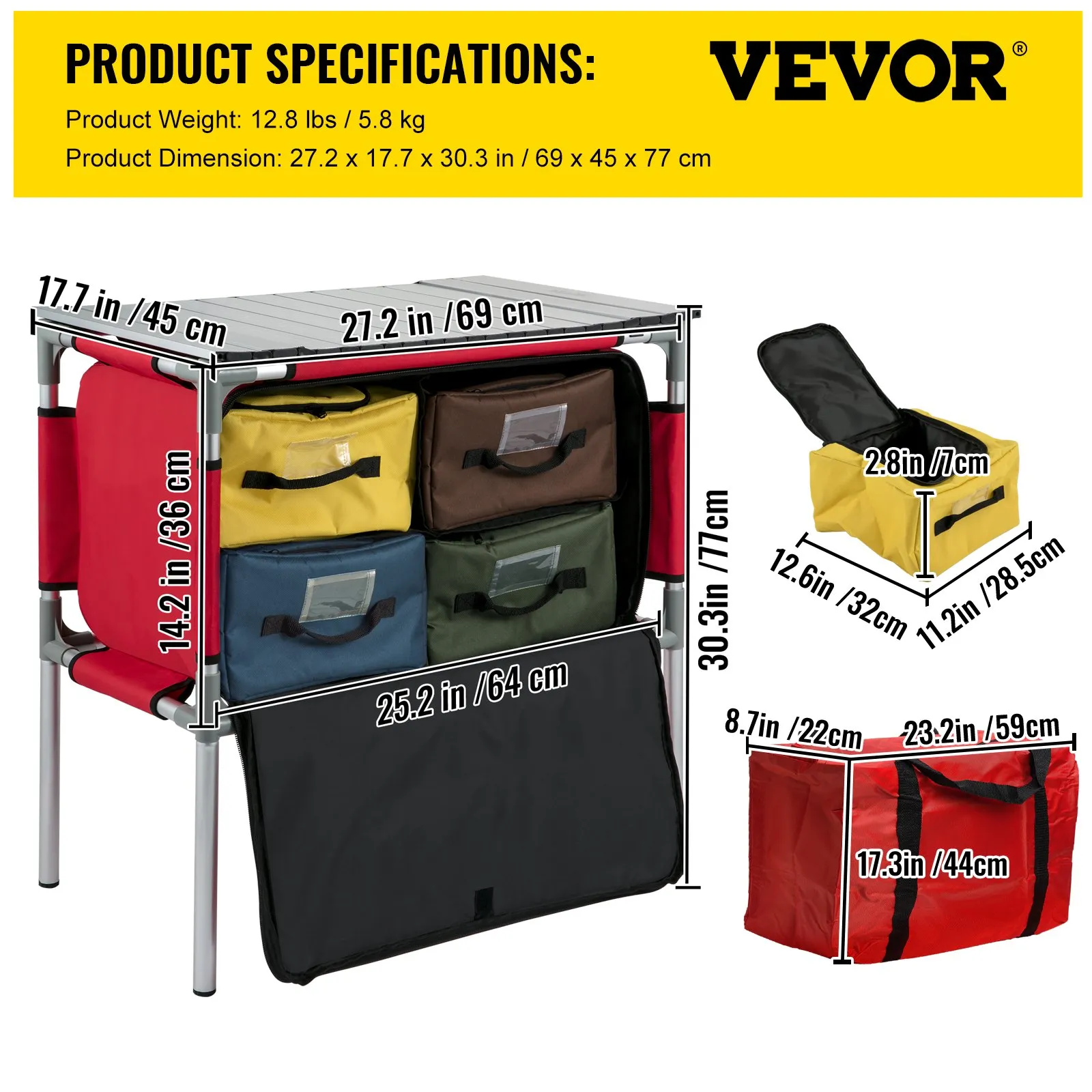 VEVOR Camping Kitchen Table - Portable Aluminum Folding Station with 4 Storage, 4 Detachable Legs and Carry Bag - Red