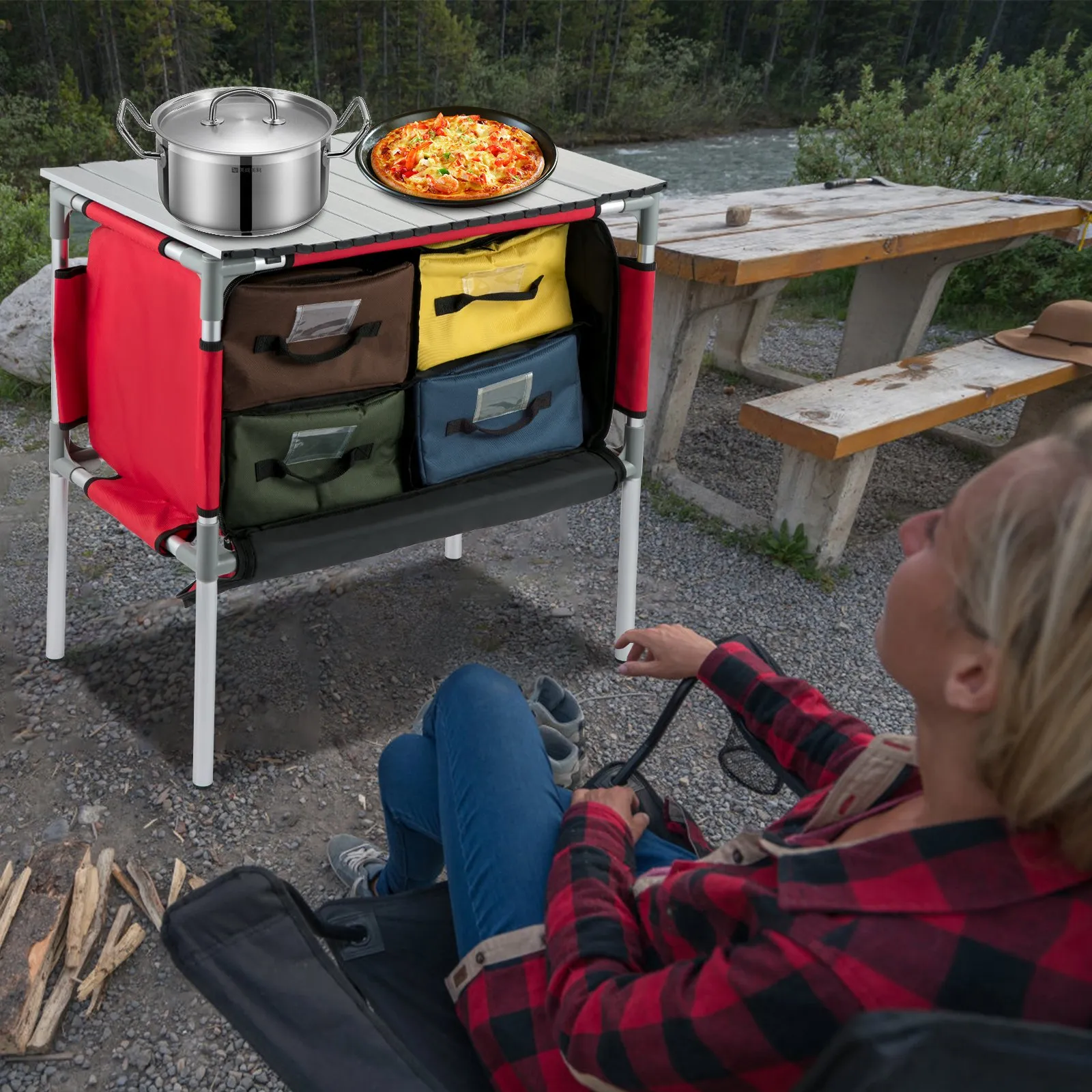VEVOR Camping Kitchen Table - Portable Aluminum Folding Station with 4 Storage, 4 Detachable Legs and Carry Bag - Red