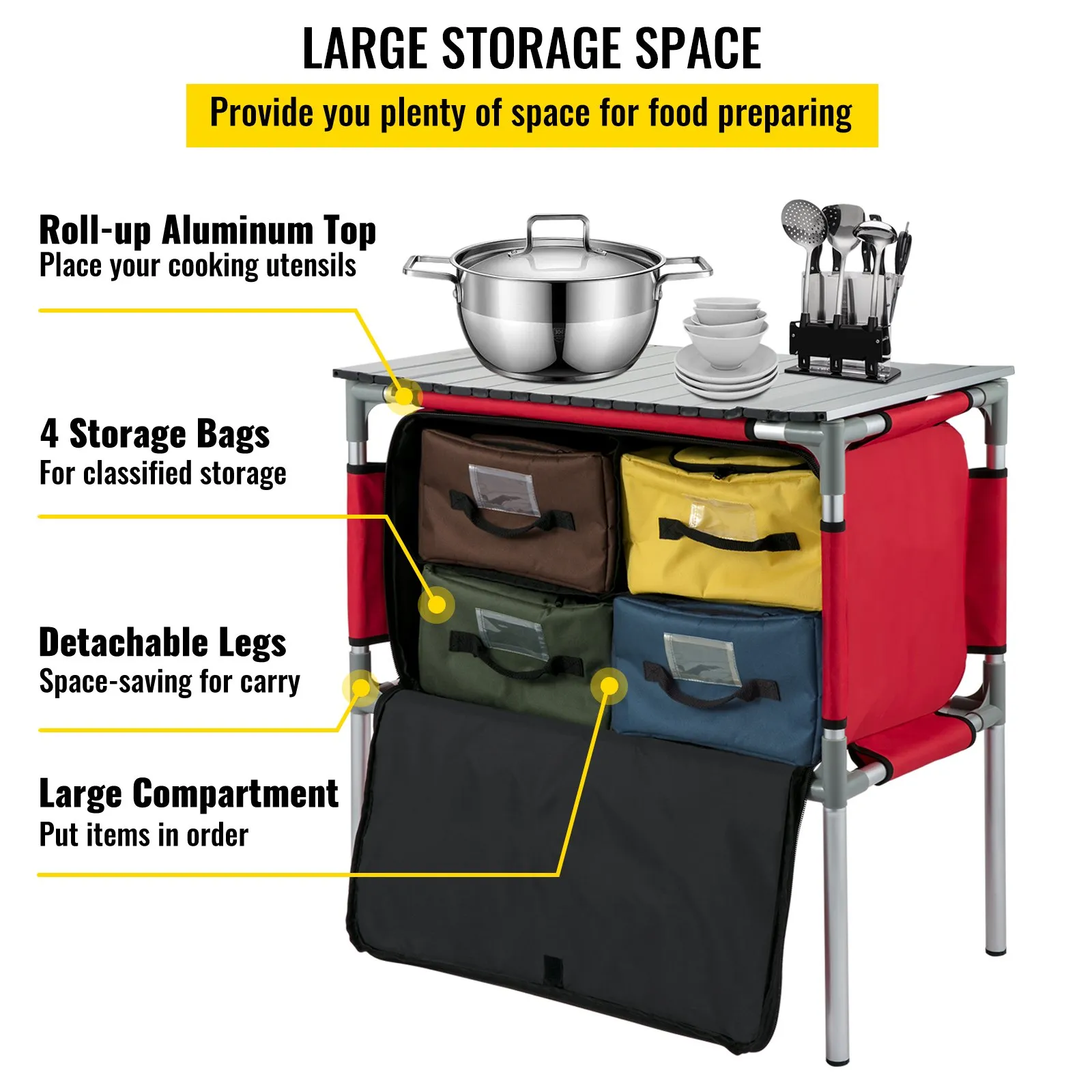 VEVOR Camping Kitchen Table - Portable Aluminum Folding Station with 4 Storage, 4 Detachable Legs and Carry Bag - Red