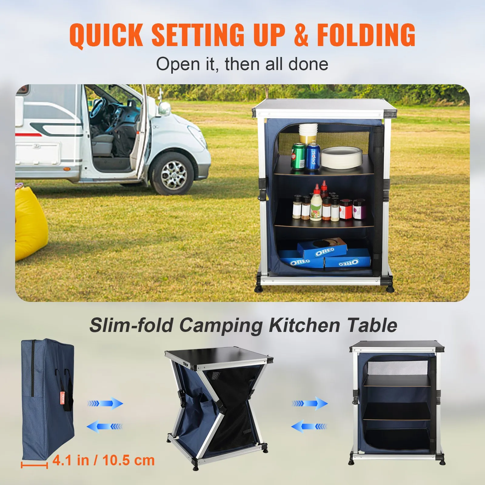 VEVOR Camping Kitchen Table, Portable Folding Cook Station w/ 3-Tier Storage Organizer, Side Pocket & Carrying Bag - Blue