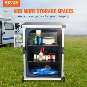 VEVOR Camping Kitchen Table, Portable Folding Cook Station w/ 3-Tier Storage Organizer, Side Pocket & Carrying Bag - Blue