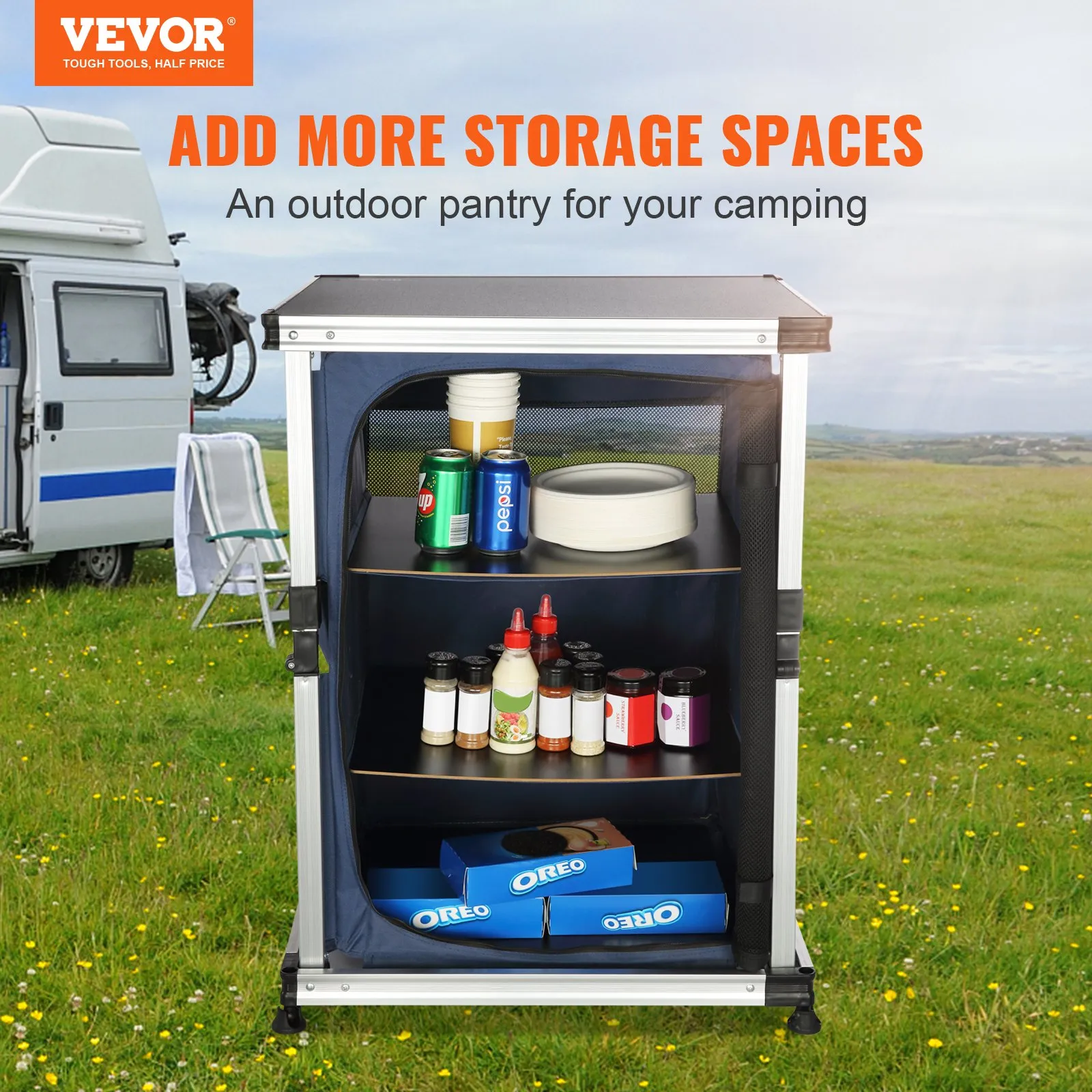 VEVOR Camping Kitchen Table, Portable Folding Cook Station w/ 3-Tier Storage Organizer, Side Pocket & Carrying Bag - Blue