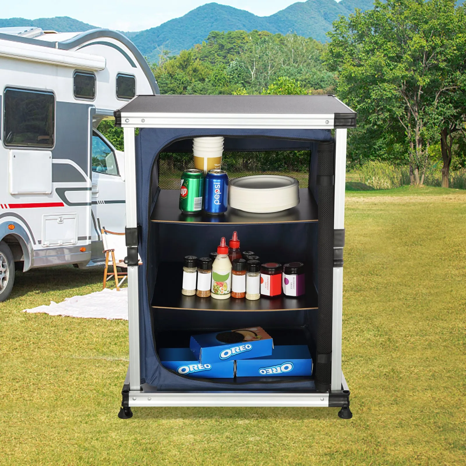 VEVOR Camping Kitchen Table, Portable Folding Cook Station w/ 3-Tier Storage Organizer, Side Pocket & Carrying Bag - Blue