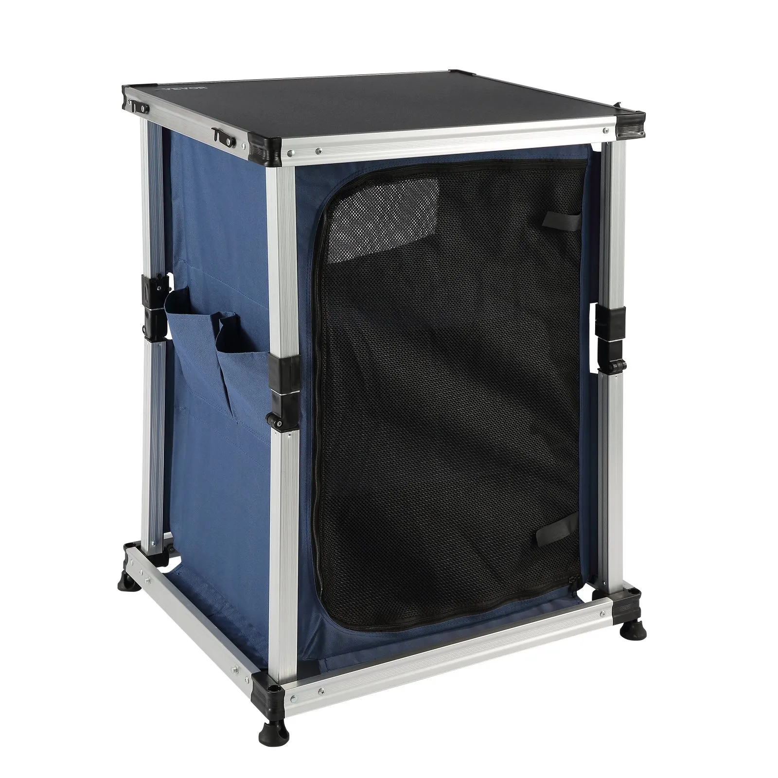 VEVOR Camping Kitchen Table, Portable Folding Cook Station w/ 3-Tier Storage Organizer, Side Pocket & Carrying Bag - Blue