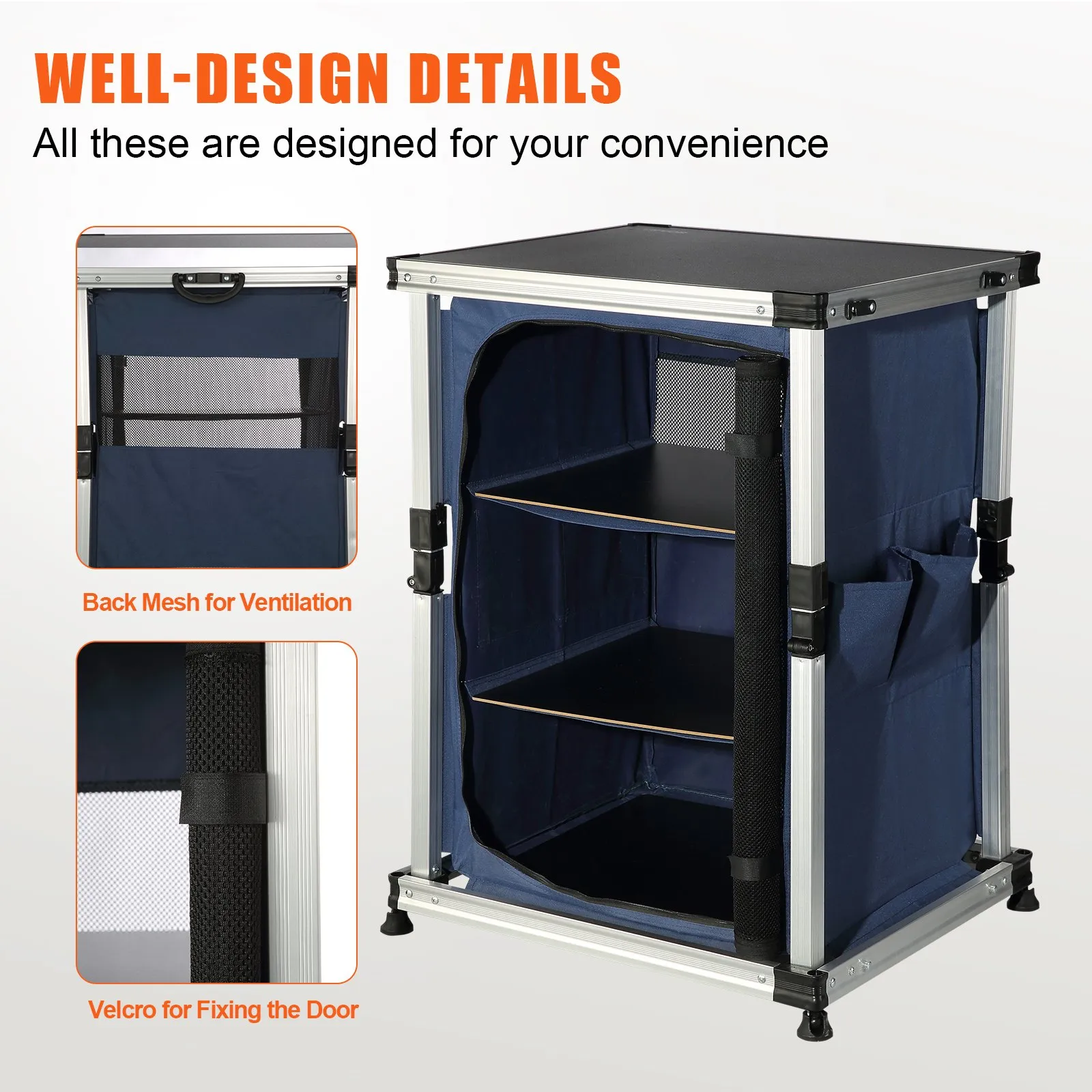 VEVOR Camping Kitchen Table, Portable Folding Cook Station w/ 3-Tier Storage Organizer, Side Pocket & Carrying Bag - Blue