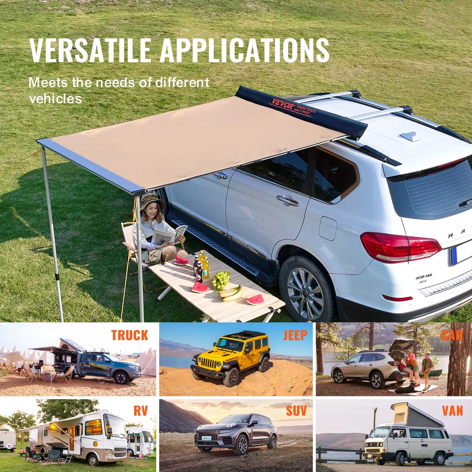 VEVOR Car Side Awning, Large 6.6' x 8.2' Shade Coverage Vehicle Awning, PU3000mm UV50  Retractable Car Awning with Waterproof Storage Bag, Height Adjustable, Suitable for Truck, SUV, Van, Campers