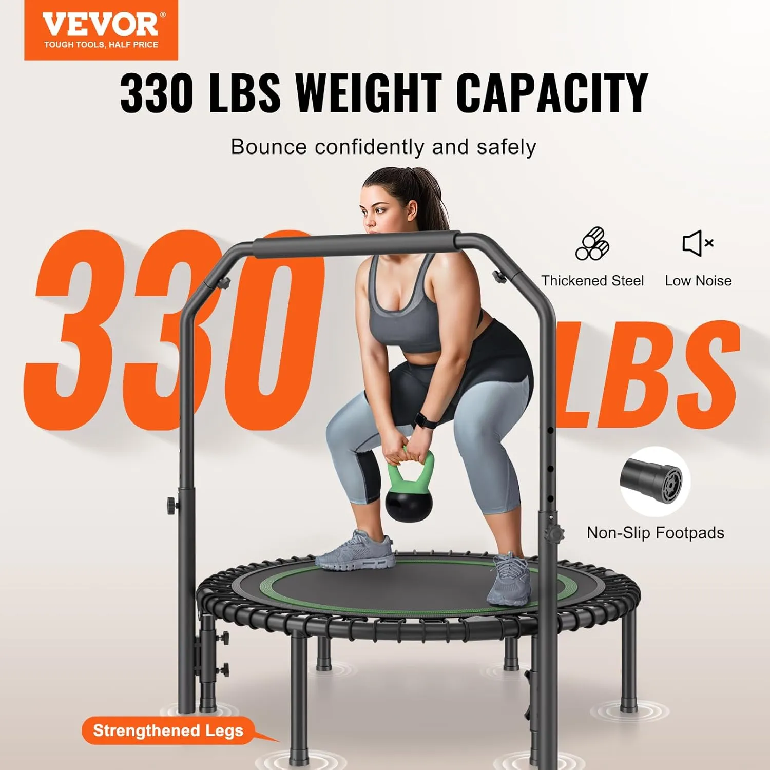 VEVOR Foldable Mini Trampoline, 40 Inch Fitness Rebounder, Max Load 330lbs Exercise Trampoline, Stable & Quiet Trampoline with 4 Level Height Adjustable Foam Handle, for Adults Indoor/Garden Workout