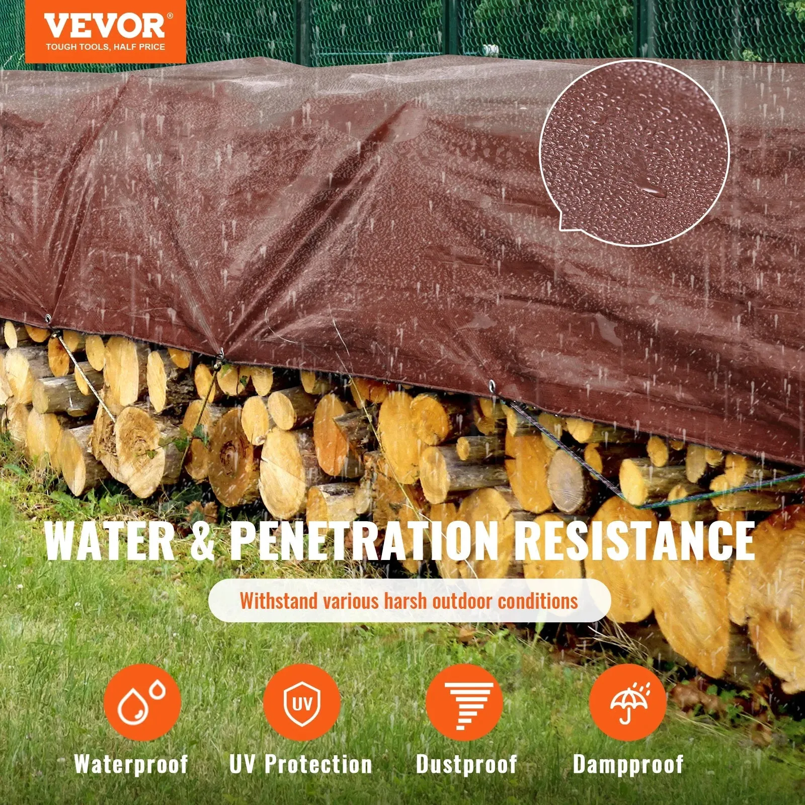 VEVOR Tarp Waterproof 10x12ft Multi Purpose Tear UV and Temperature Resistant Outdoor Tarpaulin with Reinforced Grommets (Brown)